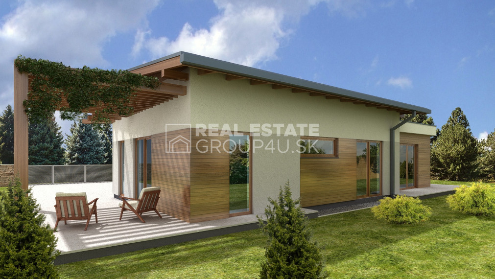 BUNGALOV S PLOCHOU STRECHOU A PERGOLOU