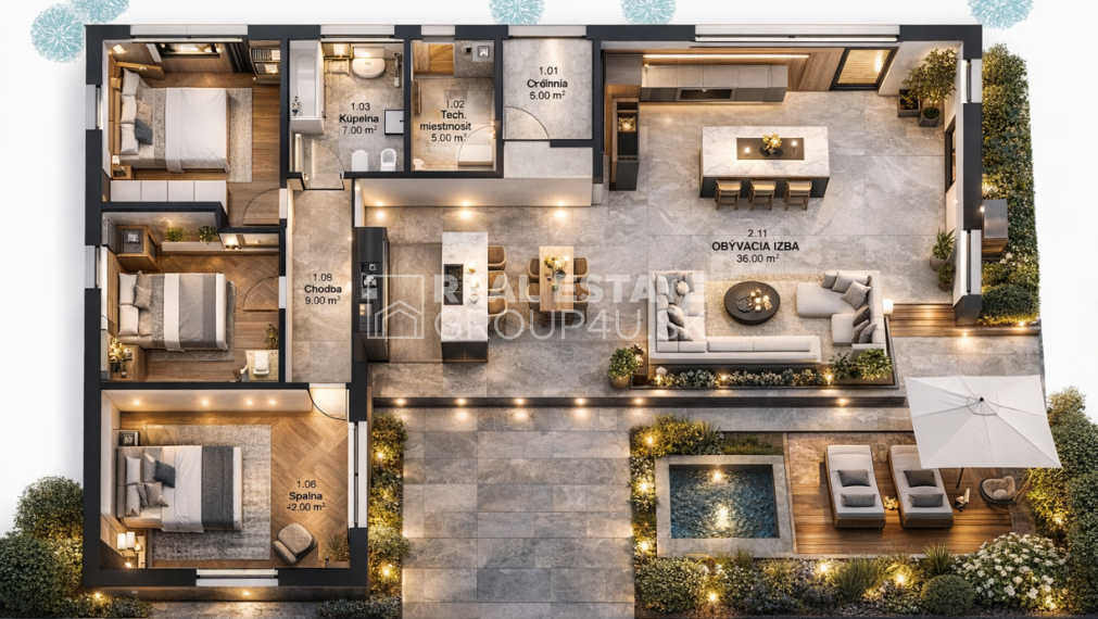 MODERNÝ 4 IZBOVÝ BUNGALOV v tvare L