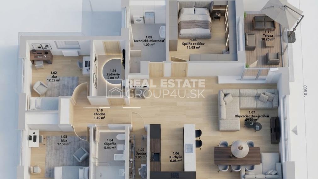 BUNGALOV S TERASOU - 4 IZBOVÝ , bezpečný a moderný dom