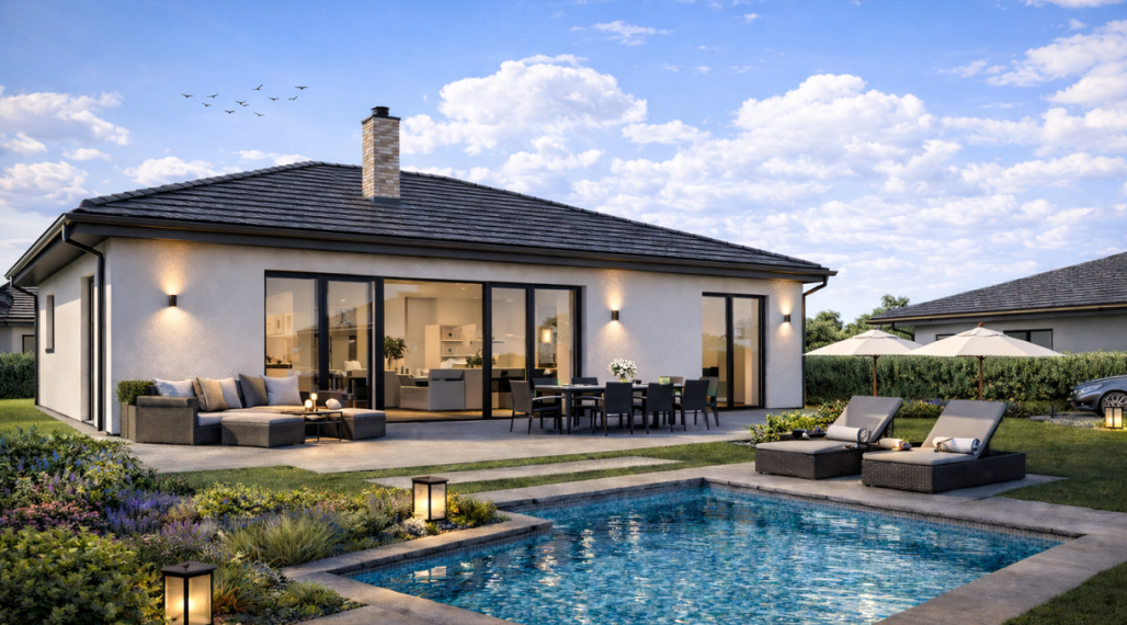 Moderný prízemný dom s terasou. Miesto, kde chcete žiť